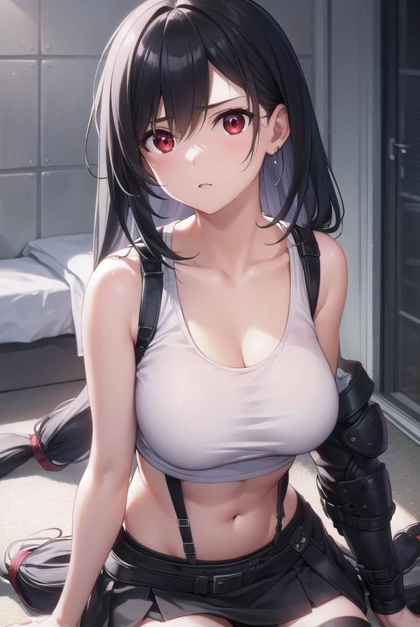 tifalockhart, <lora:tifalockhart-lora-nochekaiser:1>,
tifa lockhart, black hair, long hair, (low-tied long hair:1.5), (red eyes:1.5), swept bangs, single sidelock,
BREAK arm guards, bare shoulders,  black skirt, black sports bra, black thighhighs, collarbone, crop top, earrings, jewelry, midriff, navel, single earring, skirt, sports bra, suspender skirt, suspenders, tank top, teardrop earrings, thighhighs, (white tank top:1.5), zettai ryouiki,
BREAK looking at viewer, full body,
BREAK outdoors,
BREAK <lyco:GoodHands-beta2:1>, (masterpiece:1.2), best quality, high resolution, unity 8k wallpaper, (illustration:0.8), (beautiful detailed eyes:1.6), extremely detailed face, perfect lighting, extremely detailed CG, (perfect hands, perfect anatomy),