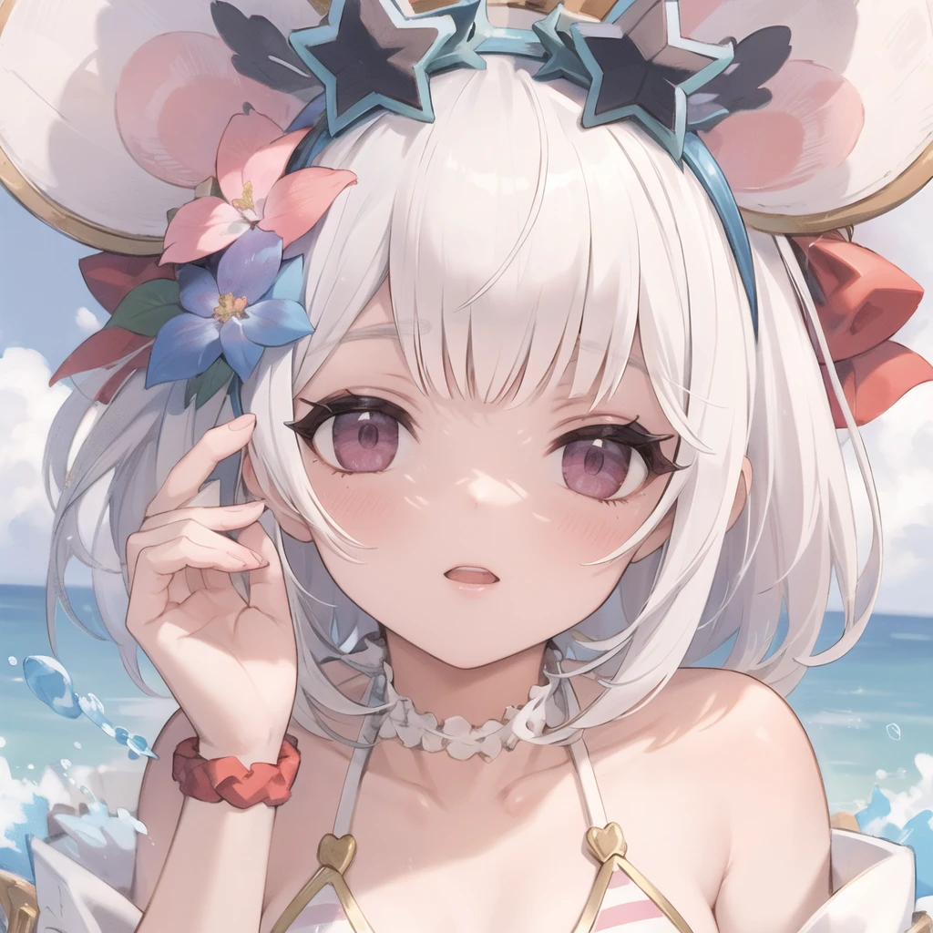 masterpiece, (detailed, highres, best quality), 1girl, vikalabsuw, white hair, sunglasses, hair flower, swimsuit, striped bikini, face close up <lora:gbfVikala-10:1>