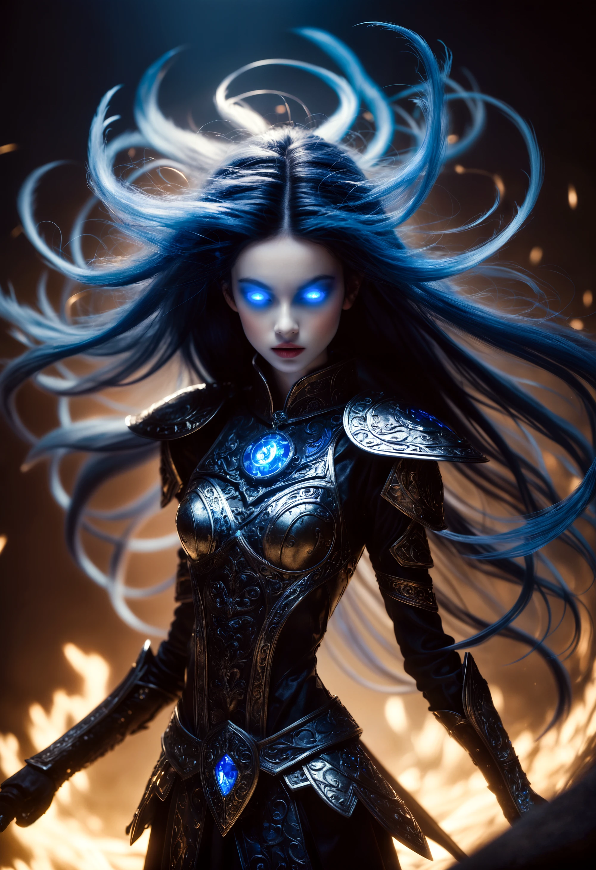 glamour shot of (evil necromancer girl raising an army of undead, (swirls of blue energy glowing around:1.3)) (gloomy old battlefield) (blue eyes, white necrotic flesh, black veins) (metal engraved grim mask made of intricate patchwork:1.25), black hair, make-up, mascara, ruined make-up, eyeshadow, (flat chest:1.2), moody atmosphere, misty, night, low light, chiaroscuro, masterpiece, best quality, (intricate details), dreamy, magnificent, ethereal, volumetric lighting, lightroom, ((cinematic)), raytracing, subsurface scattering, face focus,