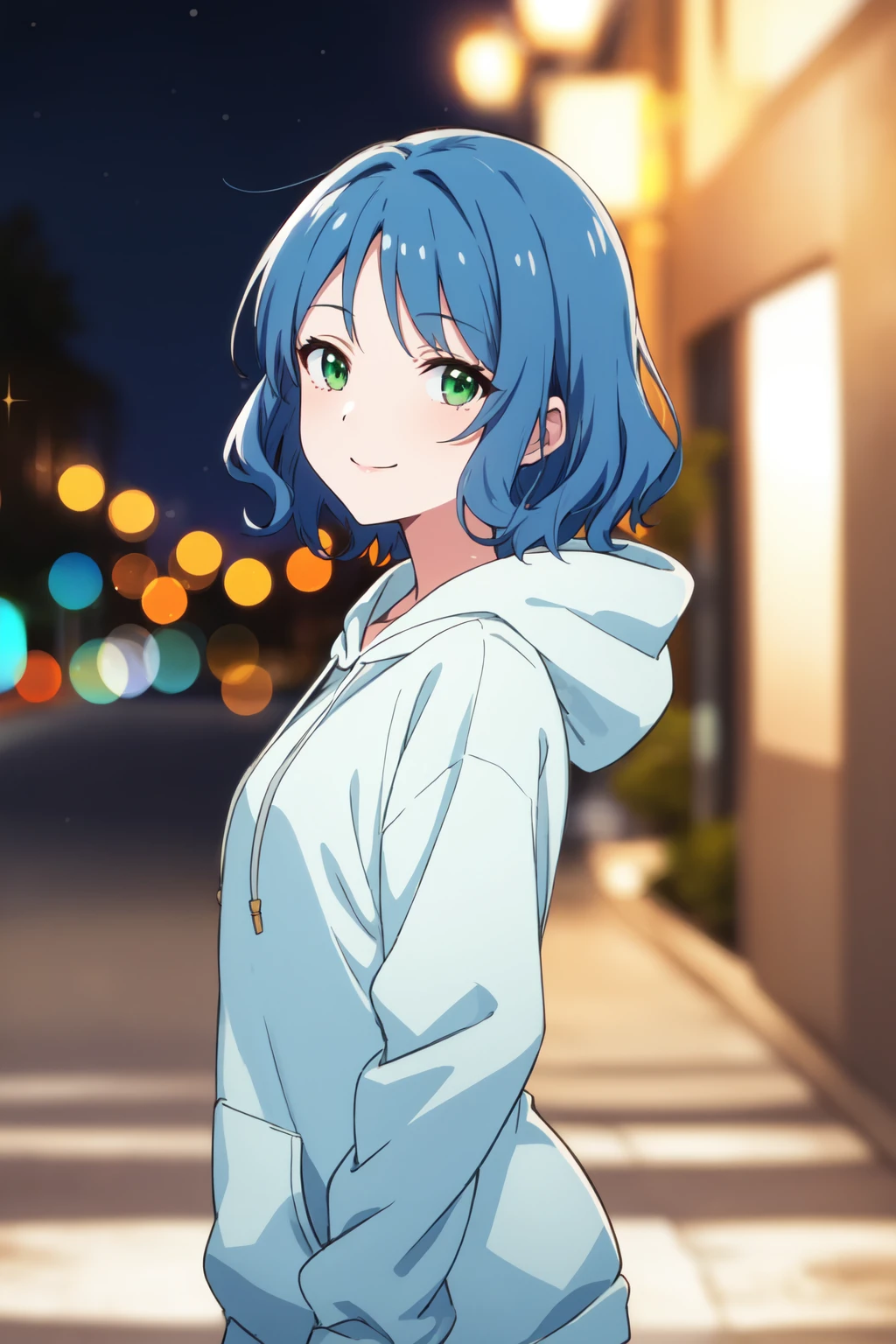 masterpiece, best quality, 1girl, anime screencap,
short hair, blue hair, green eyes, wavy hair, from side, looking at viewer, smile, hoodie, bottomless,
depth of field, bokeh, street, night,