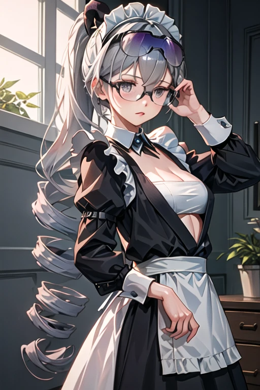 best quality, masterpiece, highres, solo, {maid:1.40}, {long maid dress:1.15}, {silver_wolf_starrail:1.15}, grey_hair, long_hair, eyewear_on_head, grey_eyes, ponytail, bangs, sunglasses, hair_between_eyes, drill_hair, breasts, hair_ornament