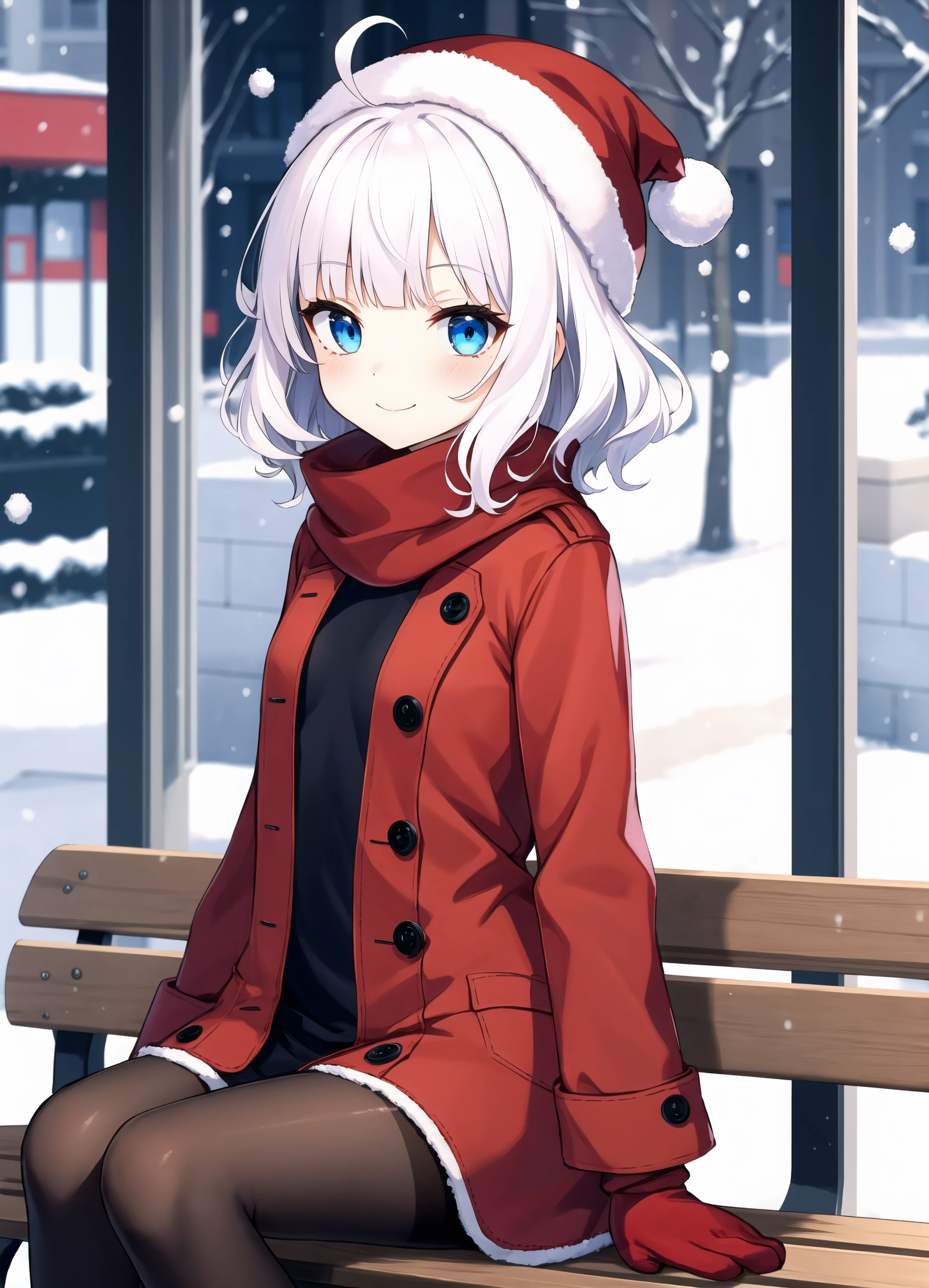 best quality, absurdres,1girl, white hair, silver hair, ahoge, blunt bangs, puffy hair, short hair, messy hair, short, blue eyes, small breasts, flat chest, 1girl, outdoors, snowing, sitting, red scarf, mittens, winter, looking at viewer, smile, solo, snow, red coat, beanie, closed mouth, bench, black pantyhose, long sleeves,  city, building, winter clothes, black headwear