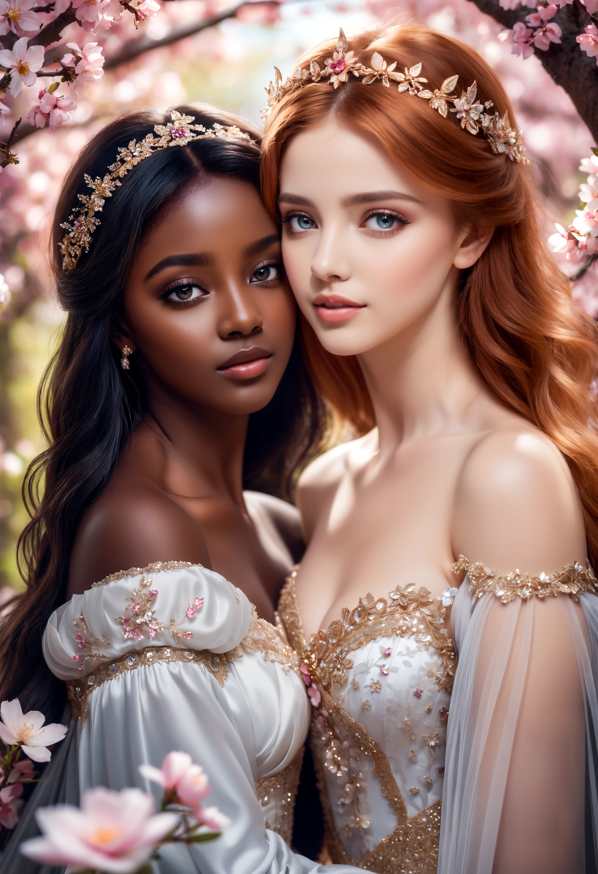 hyperrealistic close-up glamour shot of two women princesses hugging in an enchanted magical garden surrounded by sakura trees and petals, (dark skin:1.3), coloured skin, blonde hair, [redhead], brown hair, multicolored hair, masterpiece, best quality, (intricate details), dreamy, perfect eyes, dark pupils, magnificent, ethereal, volumetric lighting, lightroom, ((cinematic)), raytracing, subsurface scattering, face focus,