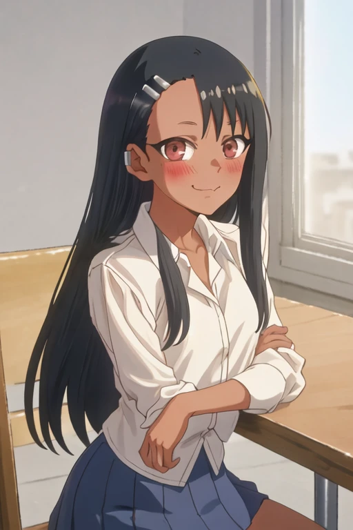 Anime,((Best quality)), ((masterpiece)), (highly detailed:1.3), cinematic lighting, detailed, extremely detailed, nagatoro hayase, one eye (slightly) closed, brown eyes, black hair, long hair, dark skin,2 hairpins, volleyball uniform, shorts, mischievous smile, neckline, small breasts, (bottom:1.2), curved, blush, classroom