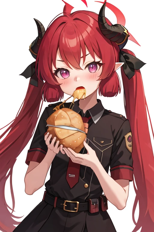best quality, masterpiece, highres, solo, {junko_bluearchive:1.15}, red_hair, horns, long_hair, twintails, halo, bangs, blush, pointy_ears, hair_between_eyes, open_mouth, purple_eyes, necktie, red_necktie, 1girl, black_shirt, eating, food, hair_ribbon, holding, holding_food, ribbon, shirt, looking_at_viewer, upper_body, white_background, short_sleeves, simple_background, black_ribbon, red_eyes