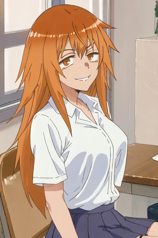 best quality, masterpiece, highres, solo, {maki_gamou_donttoywithmemissnagatoro:1.15}, long_hair, orange_hair, brown_eyes, smile, orange_eyes, 1girl, looking_at_viewer, shirt, white_shirt, parody
