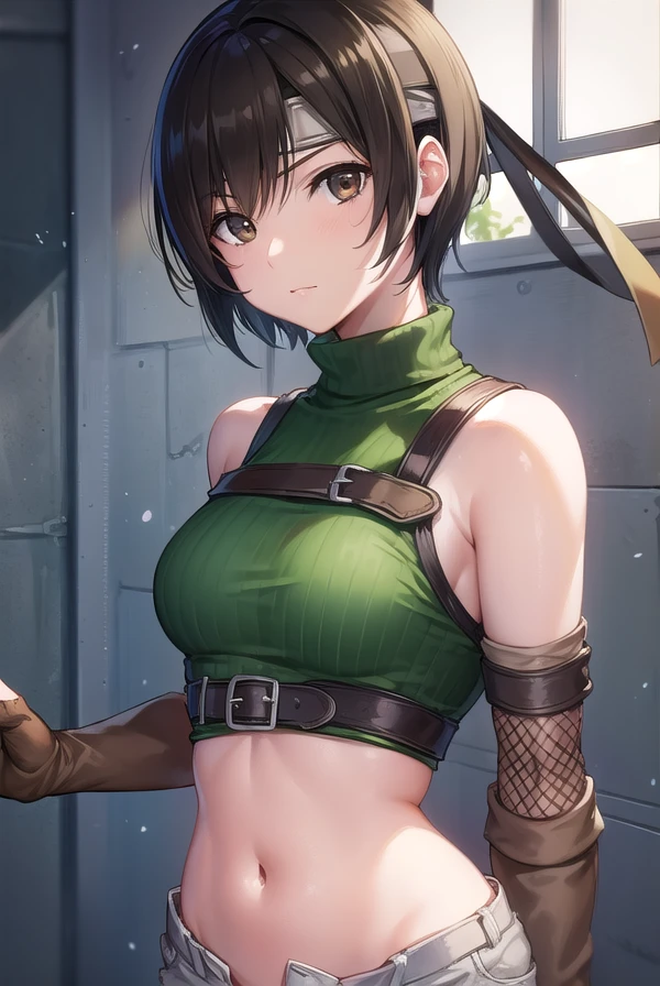 Yuffie Kisaragi, a distinctive character from the Final Fantasy game world, known for her black hair and brown eyes. She sports a short pixie cut and wears a crop top, fingerless gloves, fishnet stockings and a forehead protector. Her style is unique with sleeveless turtlenecks and short shorts that expose her belly button. A headband completes her outfit, while single thigh-high socks and gloves complement her sleeves. Her look is rounded off with a sleeveless turtleneck sweater and hold-up stockings. The depiction of Yuffie is a full body shot from above, kneeling in front of the camera, kneeling on a towel, presented as a masterpiece of the highest quality in an exceptionally high resolution of 8K. Her eyes are particularly highlighted, with beautifully detailed facial features that enhance her hyper-realistic appearance. Both her face and body are extremely detailed, every facet of her anatomy is carefully crafted, including perfect hands and anatomy. The scene shows Yuffie looking directly at the viewer in a typical cowboy shot. The image is placed indoors with the lighting perfectly adjusted to bring out the details to their best advantage. The overall presentation of the image is a tribute to the character and his defining characteristics, brought to life through the illustration in stunning quality and detail.