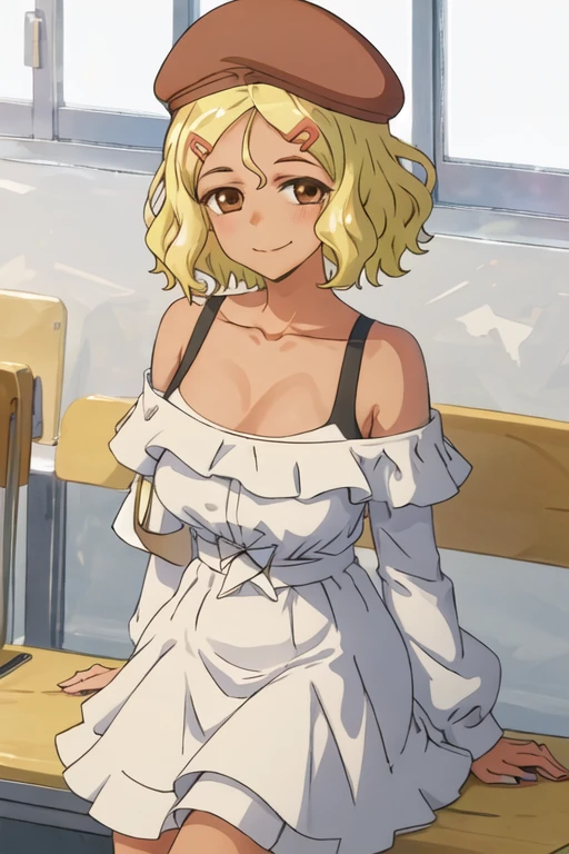 best quality, masterpiece, highres, solo, {sakura_donttoywithmemissnagatoro:1.15}, blonde_hair, hair_ornament, hairclip, short_hair, brown_eyes, smile, dark_skin, closed_mouth, 1girl, beret, hat, bare_shoulders, brown_headwear, looking_at_viewer, off_shoulder