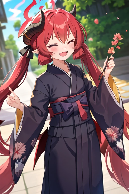 best quality, masterpiece, highres, solo, {junko_bluearchive:1.15}, red_hair, horns, long_hair, twintails, halo, bangs, blush, pointy_ears, hair_between_eyes, open_mouth, purple_eyes, necktie, red_necktie, 1girl, blurry, blurry_background, depth_of_field, fang, holding, japanese_clothes, kimono, official_alternate_costume, smile, upper_body, yellow_kimono, :d, closed_eyes, demon_horns, floral_print, long_sleeves, obi, sash, skin_fang, wide_sleeves, yukata, facing_viewer, kinchaku, pouch, sidelocks