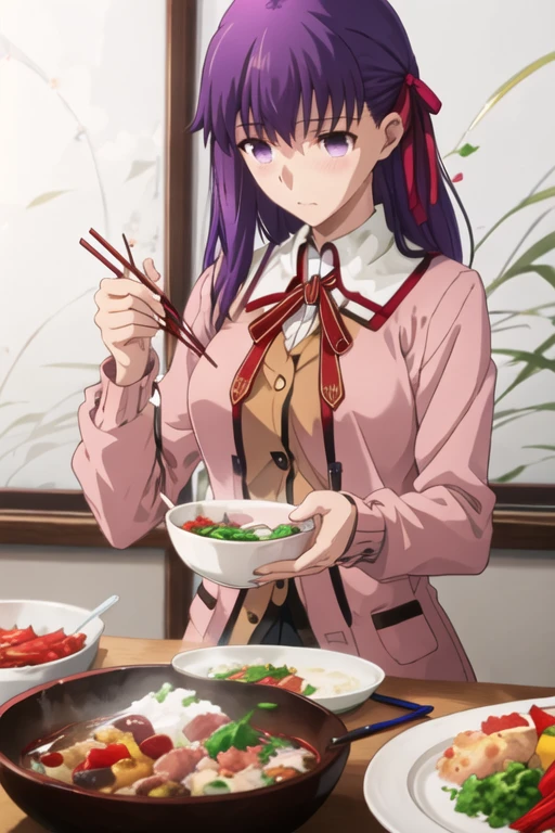 best quality, masterpiece, highres, solo, {matou_sakura_fatestaynightufotable:1.15}, purple_hair, long_hair, ribbon, hair_ribbon, purple_eyes, red_ribbon, 1girl, bowl, chopsticks, food, holding_chopsticks, cardigan, holding, long_sleeves, pink_jacket