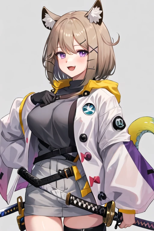 best quality, masterpiece, highres, solo, {utage_arknights:1.15}, animal_ears, purple_eyes, animal_ear_fluff, hair_ornament, breasts, bangs, smile, hairclip, large_breasts, short_hair, blush, fang, upper_body, brown_hair, skin_fang, x_hair_ornament, 1girl, holding, holding_sword, holding_weapon, jacket, katana, looking_at_viewer, sword, weapon, white_jacket, open_clothes, open_jacket, open_mouth, simple_background, long_sleeves, shirt, weapon_over_shoulder, :d, grey_background, grey_shirt, over_shoulder, sheath