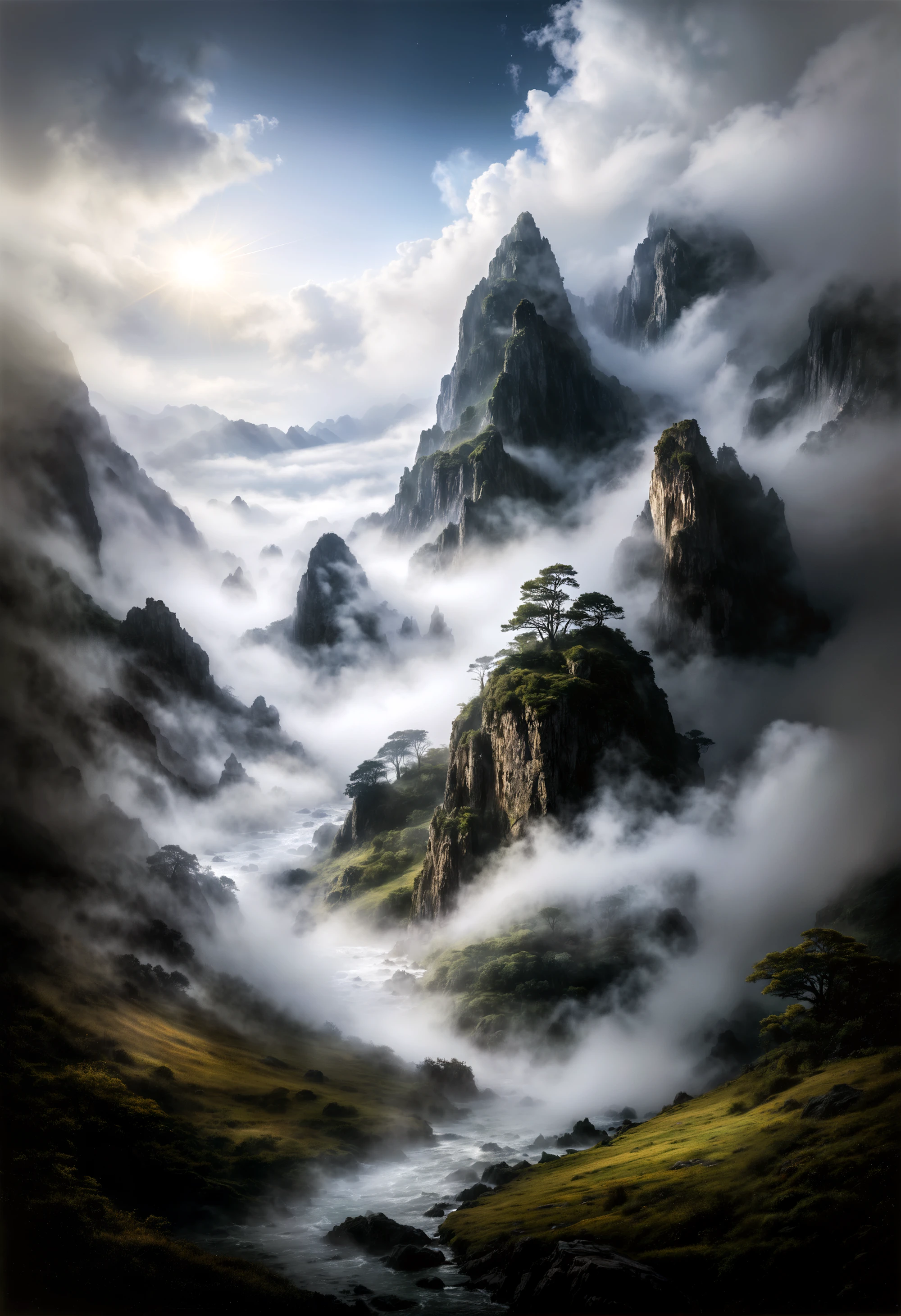 Hyperrealistic landscape photo of an island drifting through the ethereal mist, where wishes come alive, Trapped within the echoes of forgotten spells, A. B. Jackson, Alan Lee, vivid colors, extremely high-resolution details, photographic, realism pushed to extreme, fine texture, incredibly lifelike, masterpiece, best quality, photograph, dreamlike, face focus, intricate details, sharp focus, photography, photorealism, photorealistic, 8k, soft focus, volumetric light, (****), eldritch,(intricate details), (hyperdetailed), 8k hdr, high detailed, lot of details, high quality, soft cinematic light, dramatic atmosphere, atmospheric perspective,