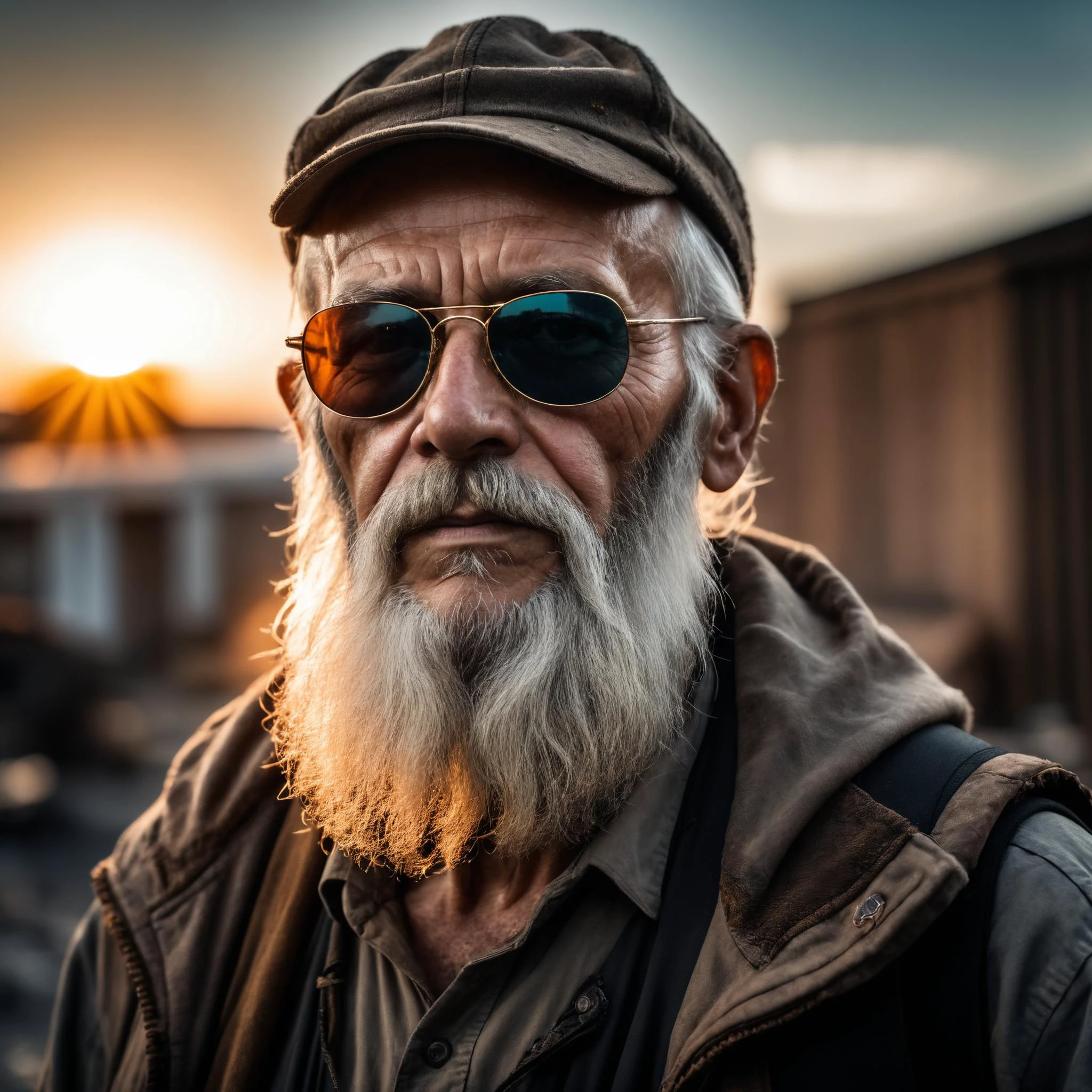 (old man with sunclasses and big beard), postapocalyptic, epic scene, high quality photography, 3 point lighting, flash with softbox, 4k, Canon EOS R3, hdr, smooth, sharp focus, high resolution, award winning photo, 80mm, f2.8, bokeh