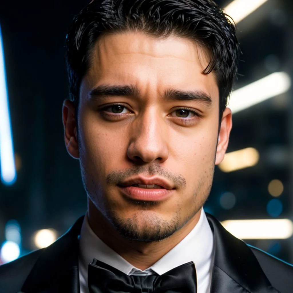 face portrait of victordominguez person using a tuxedo, in blade runner, professional photography, high resolution, 4k, detailed photo,  <lora:victordominguez_34650:1>