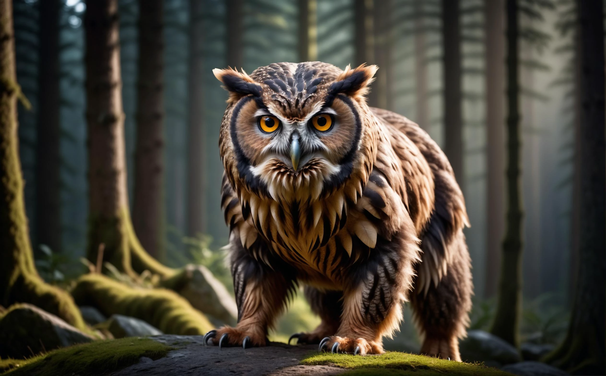 vintage photo,  bbc doku about a owlbear, full body, looking at viewer, high quality photography, 3 point lighting, flash with softbox, 4k, Canon EOS R3, hdr, smooth, sharp focus, high resolution, award winning photo, 80mm, f2.8, bokeh, RAW candid cinema, 16mm, color graded portra 400 film, remarkable color, ultra realistic, textured skin, remarkable detailed pupils, realistic dull skin noise, visible skin detail, skin fuzz, dry skin, shot with cinematic camera