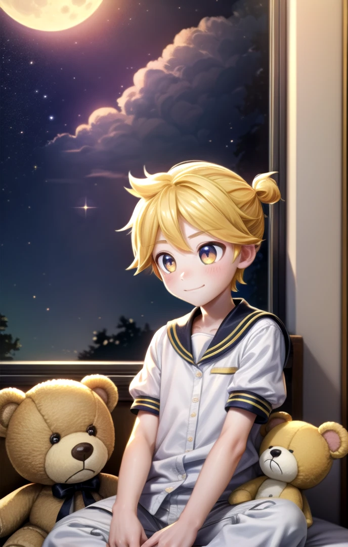 ((masterpiece:1.4,best quality)), <lora:KagamineLenV1:0.7>, 1boy, sailor_collar, Kagamine_Len, yellow hair, (8k:0.7), (dusk:0.6), moon, night, starsm, smile, short sleeve, long pants, (white shirt:1.2),1 boy,multiple details, (cuddle low detailed 1 teddybear,:1.2) multicolored eyes,eyeshadowy, tavern, warm interior, sleepy,bloom, sparkle, sitting leaned back on bed, window
<lora:add_detail>,<lora:kawaiimixNijiV5Cute_v10:0.6>,<lora:custard_cookie:0.5>