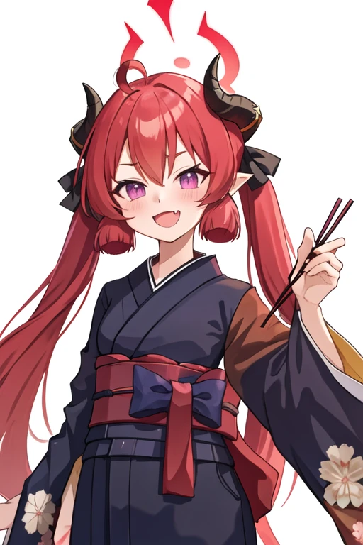 best quality, masterpiece, highres, solo, {junko_bluearchive:1.15}, red_hair, horns, long_hair, twintails, halo, bangs, blush, pointy_ears, hair_between_eyes, open_mouth, purple_eyes, necktie, red_necktie, 1girl, chopsticks, fang, food, holding, holding_chopsticks, japanese_clothes, kimono, official_alternate_costume, simple_background, skin_fang, smile, upper_body, white_background, yellow_kimono, ahoge, closed_eyes
