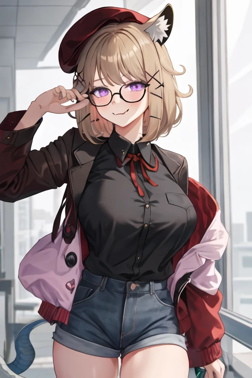 best quality, masterpiece, highres, solo, {utage_arknights:1.15}, animal_ears, purple_eyes, animal_ear_fluff, hair_ornament, breasts, bangs, smile, hairclip, large_breasts, short_hair, blush, fang, upper_body, brown_hair, skin_fang, x_hair_ornament, 1girl, beret, black_shirt, closed_mouth, collared_shirt, glasses, hat, jacket, neck_ribbon, official_alternate_costume, red_ribbon, ribbon, shirt, black_headwear, black_jacket, black-framed_eyewear, looking_at_viewer