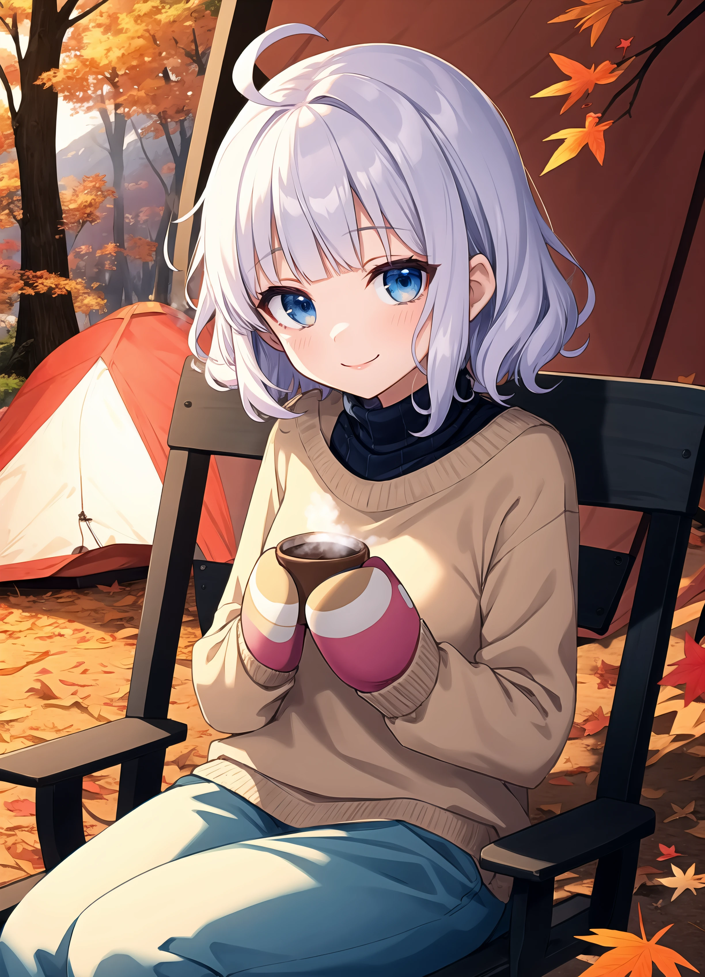 best quality, absurdres, turtle neck sweater, puffy turtle neck sweater, sitting in camping chair, looking at viewer, smile, outdoors, nature, tent, evening, evening glow, autumn, autumn leaves,   cup, hot chocolate, steam, silver hair, ahoge, blunt bangs, puffy hair, short hair, messy hair, short, blue eyes, baggy pants, (mittens:1.2)