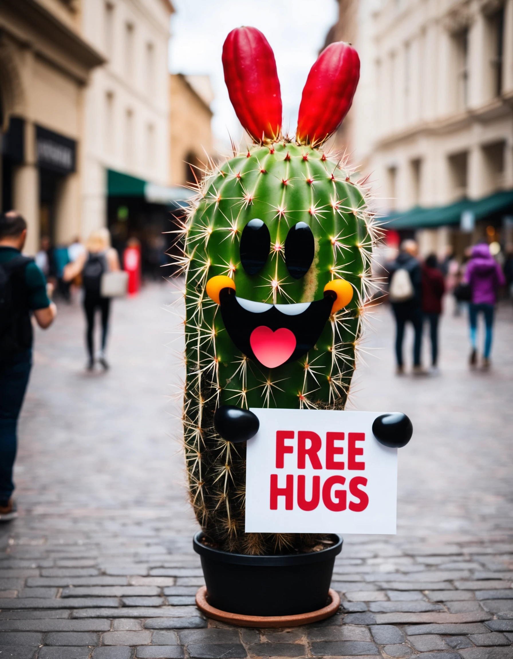a cactus character holding a sign that says free hugs, standing on a bustling pedestrian street