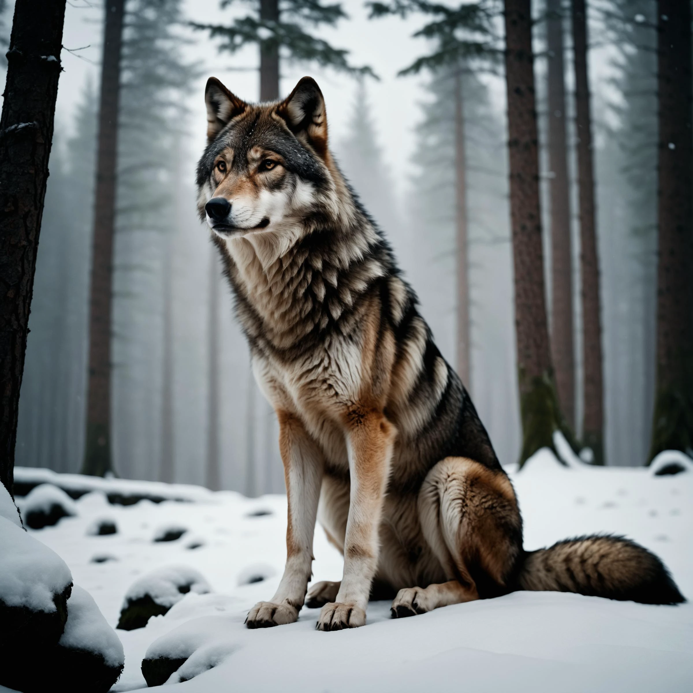 cinematic film still, wolf sitting, wild, forrest, snow