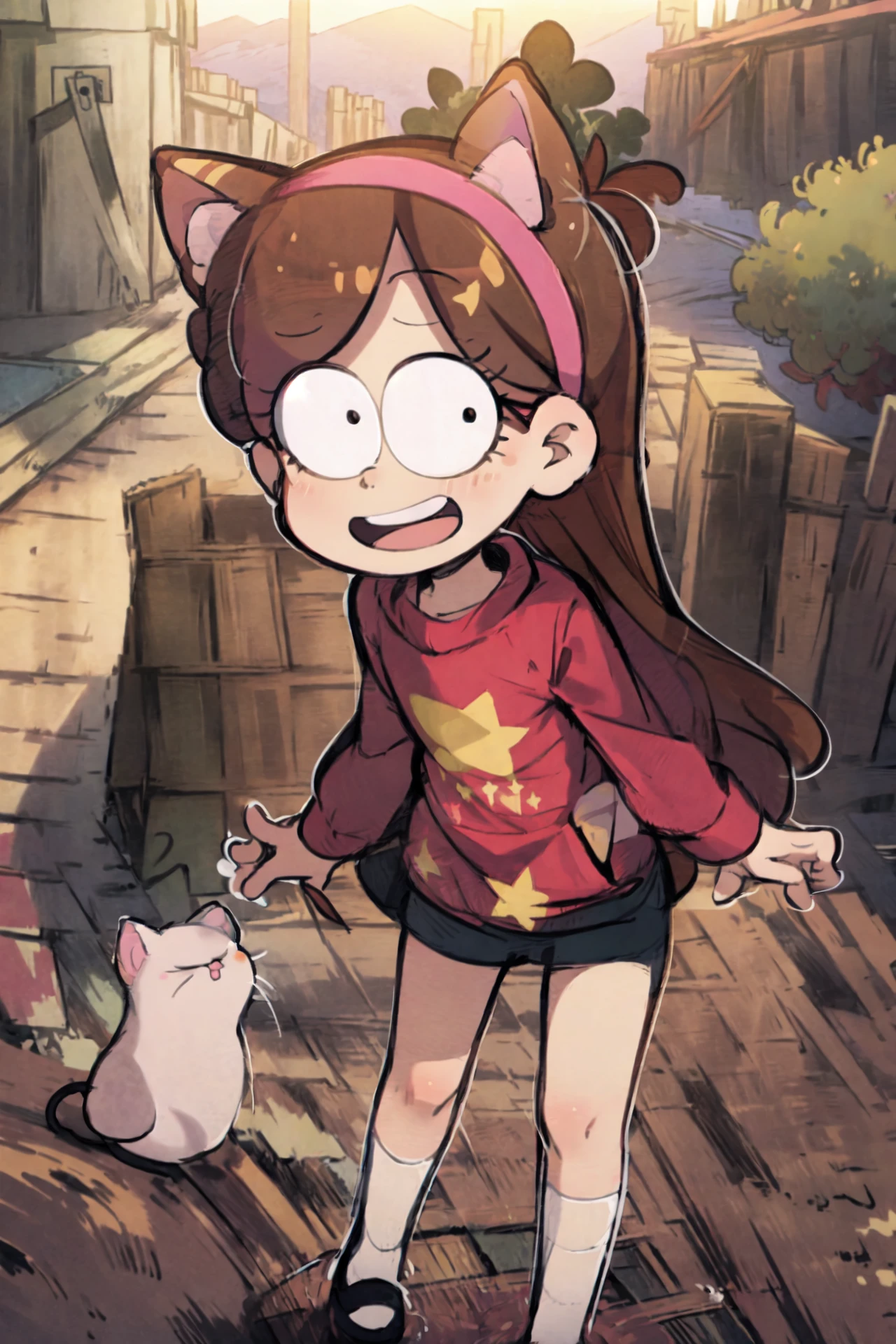 masterpiece, high detailed, high resolution, <lora:Mabel_Pines_V0.3:1> mabelpines, dot eyes, cat costume, cat ears, star print, smile, braces, long hair, hairband, nude, (outdoors) desert flora, dusk