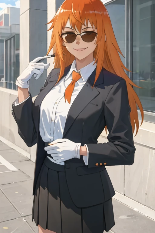 best quality, masterpiece, highres, solo, {black business suit:1.40}, {tie:1.20}, {sunglasses:1.25}, {white gloves:1.15}, {white shirt:1.10}, {black skirt:1.15}, {smoking:1.20}, handsome, {maki_gamou_donttoywithmemissnagatoro:1.15}, long_hair, orange_hair, brown_eyes, smile, orange_eyes