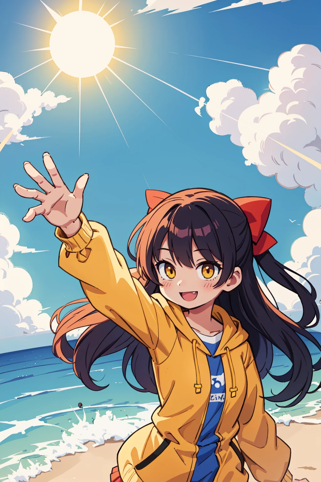 best quality,masterpiece,illustration,an anime drawin of a girl smile in a yellow hooded jacketblue shirt red bow,with her right arm up in the air with a sun in the background,sun,rayonism,