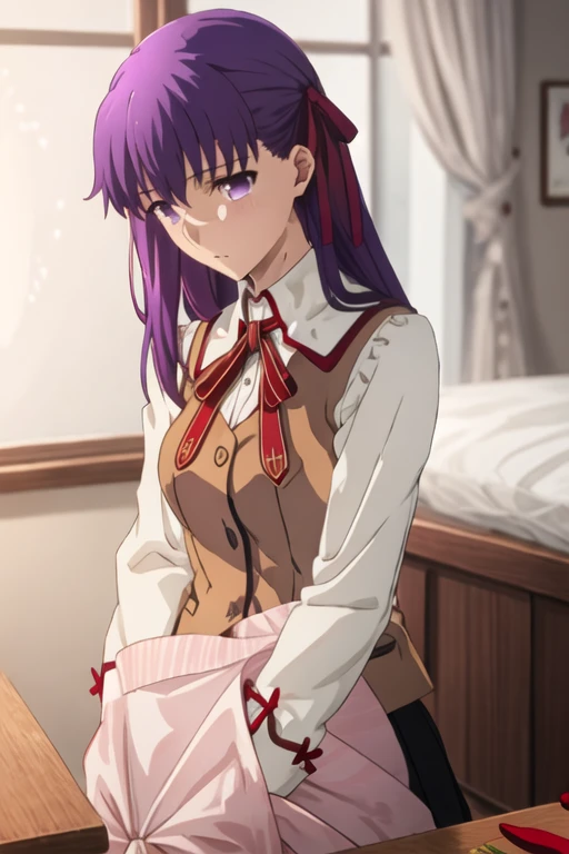 best quality, masterpiece, highres, solo, {matou_sakura_fatestaynightufotable:1.15}, purple_hair, long_hair, ribbon, hair_ribbon, purple_eyes, red_ribbon, 1girl, homurahara_academy_school_uniform, looking_at_viewer, school_uniform, upper_body