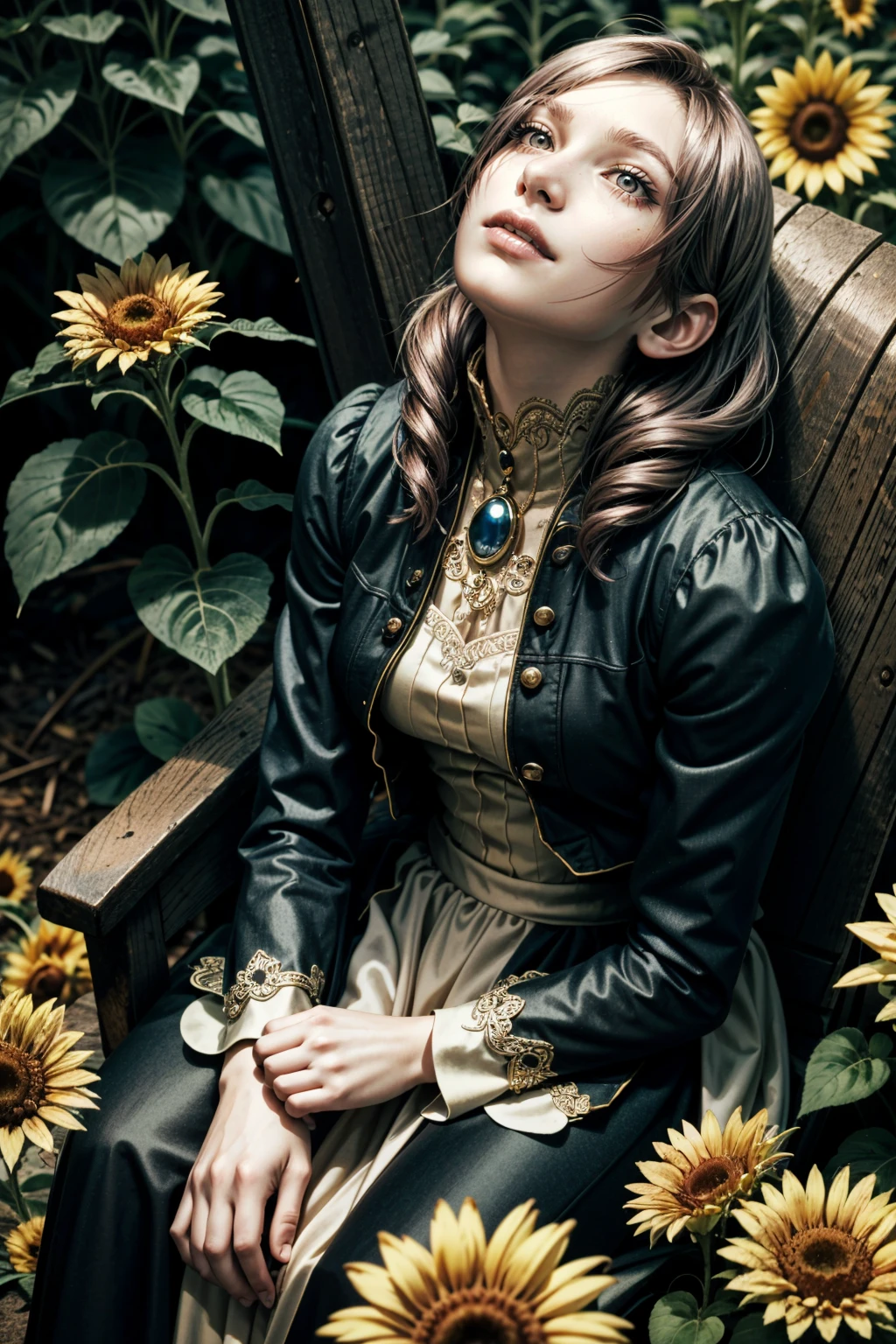 (masterpiece, highres) <lora:add_detail:0.7>, <lora:epi_noiseoffset2:1>, <lora:HauntingGroundDaniella:0.8>
HauntingGroundDaniella, 1girl, horror \(theme\), sitting in a sunflower field, looking up, sunlight