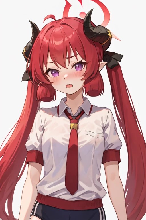best quality, masterpiece, highres, solo, {junko_bluearchive:1.15}, red_hair, horns, long_hair, twintails, halo, bangs, blush, pointy_ears, hair_between_eyes, open_mouth, purple_eyes, necktie, red_necktie, 1girl, closed_mouth, simple_background, white_background, ahoge, gym_uniform, looking_at_viewer, shirt, short_sleeves, upper_body, white_shirt