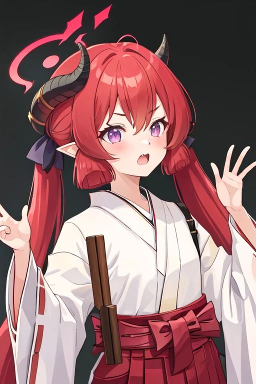 best quality, masterpiece, highres, solo, {white kimono:1.35}, {red hakama:1.35}, {wide sleeves:1.20}, {junko_bluearchive:1.15}, red_hair, horns, long_hair, twintails, halo, bangs, blush, pointy_ears, hair_between_eyes, open_mouth, purple_eyes, necktie, red_necktie