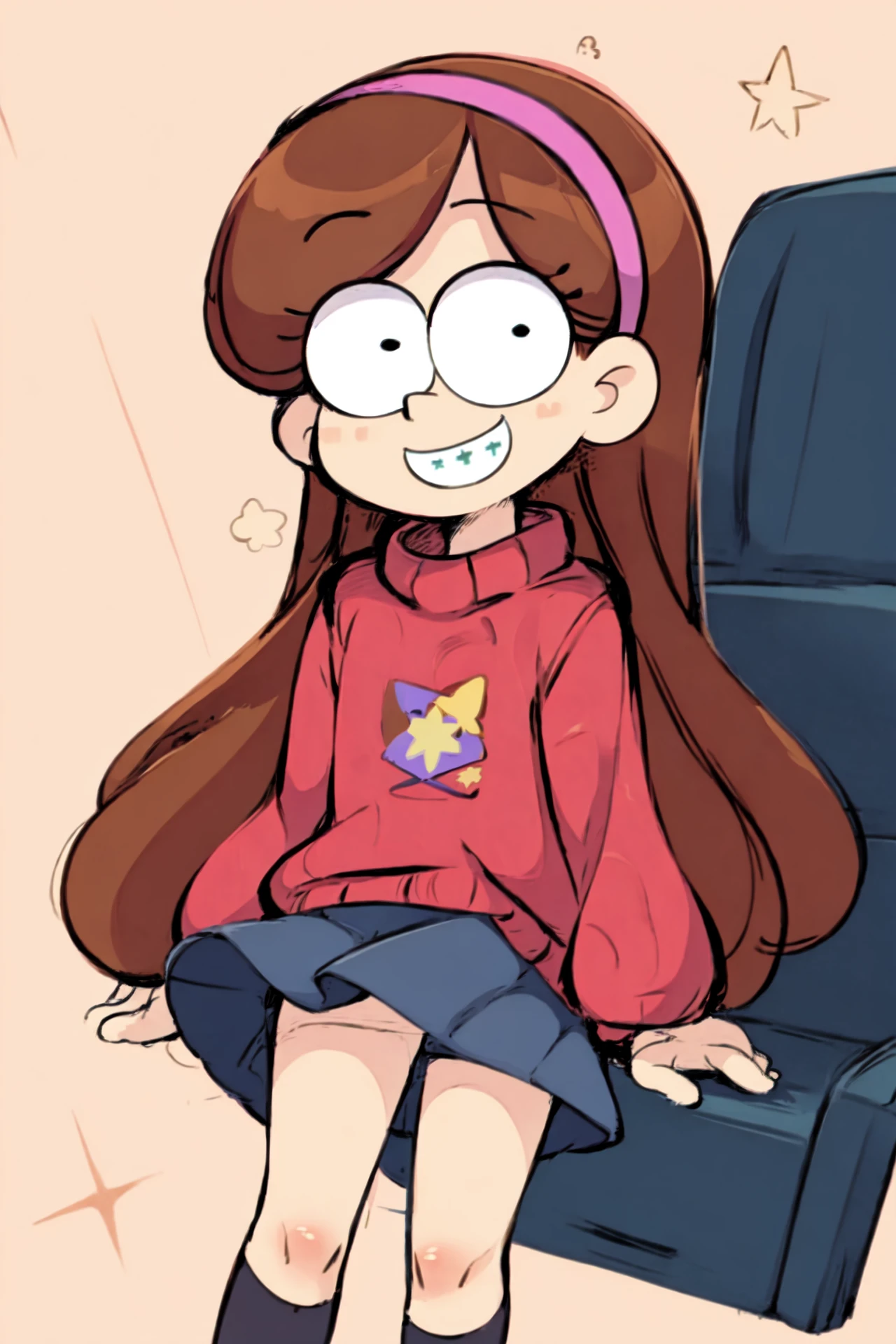 masterpiece, high quality, <lora:Mabel_Pines_V0.3:1> mabelpines, dot eyes, smile, braces, long hair, hairband, sweter, skirt, star print,