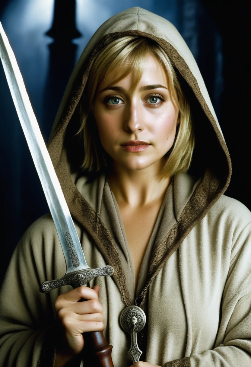 portrait of allison mack as an evil cult leader in a hooded robe and holding an old dagger, exquisite detail, award winning photography, dramatic lighting, skin texture <lora:ALLISON_MACK_XL-000007:0.7>