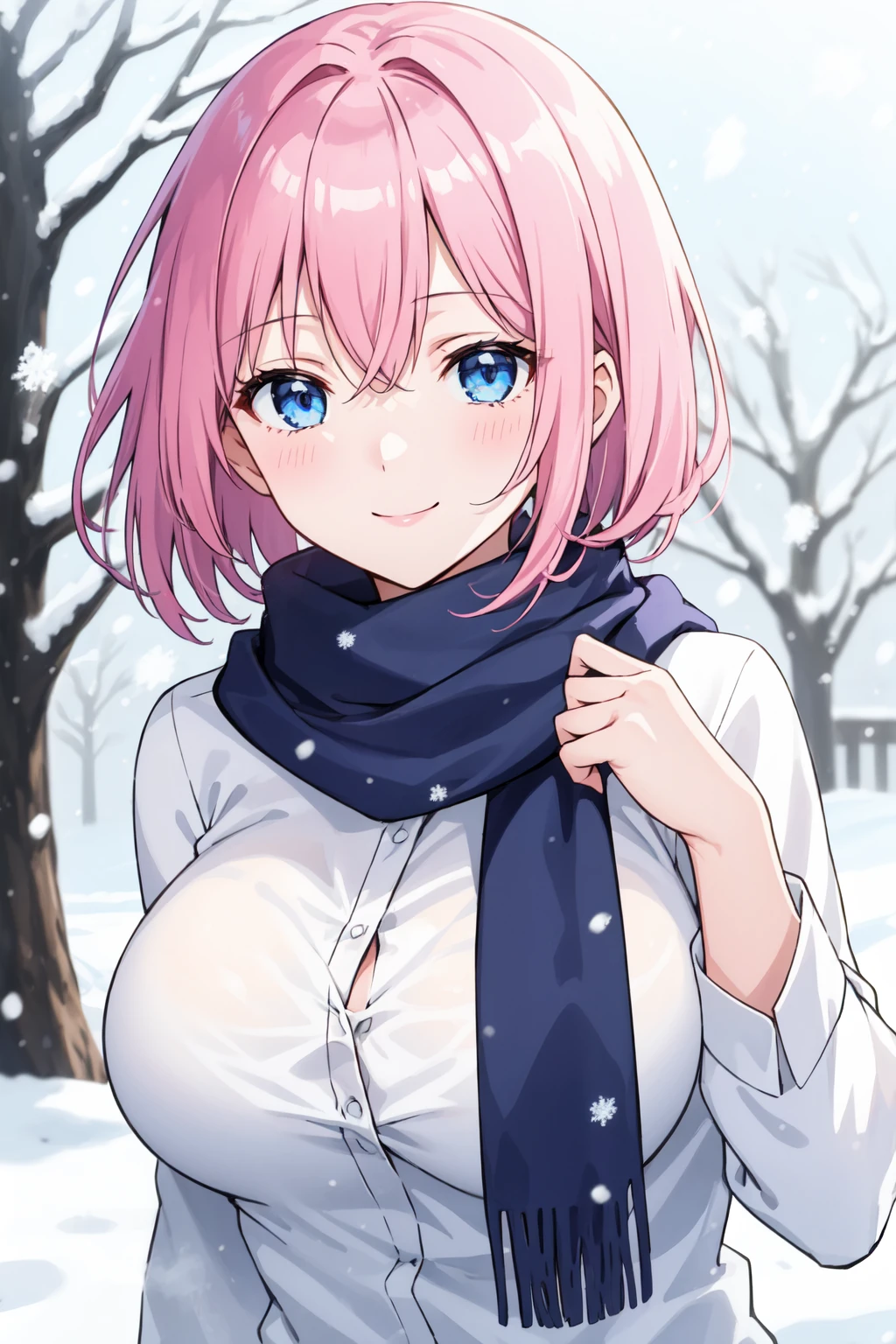 masterpiece, best quality, 1girl,
short hair, pink hair, blue eyes, smile, large breasts, white shirt, scarf,
close-up, depth of field, outdoors, snowing,