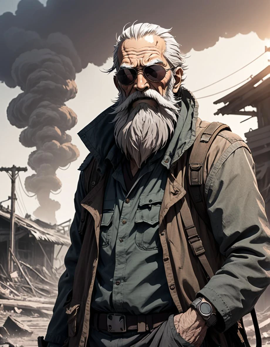 (Anime Style, Manga Style:1.3), sketch, concept art, line art, ((2D:1.3)), (old man with sunclasses and big beard), postapocalyptic, epic scene,