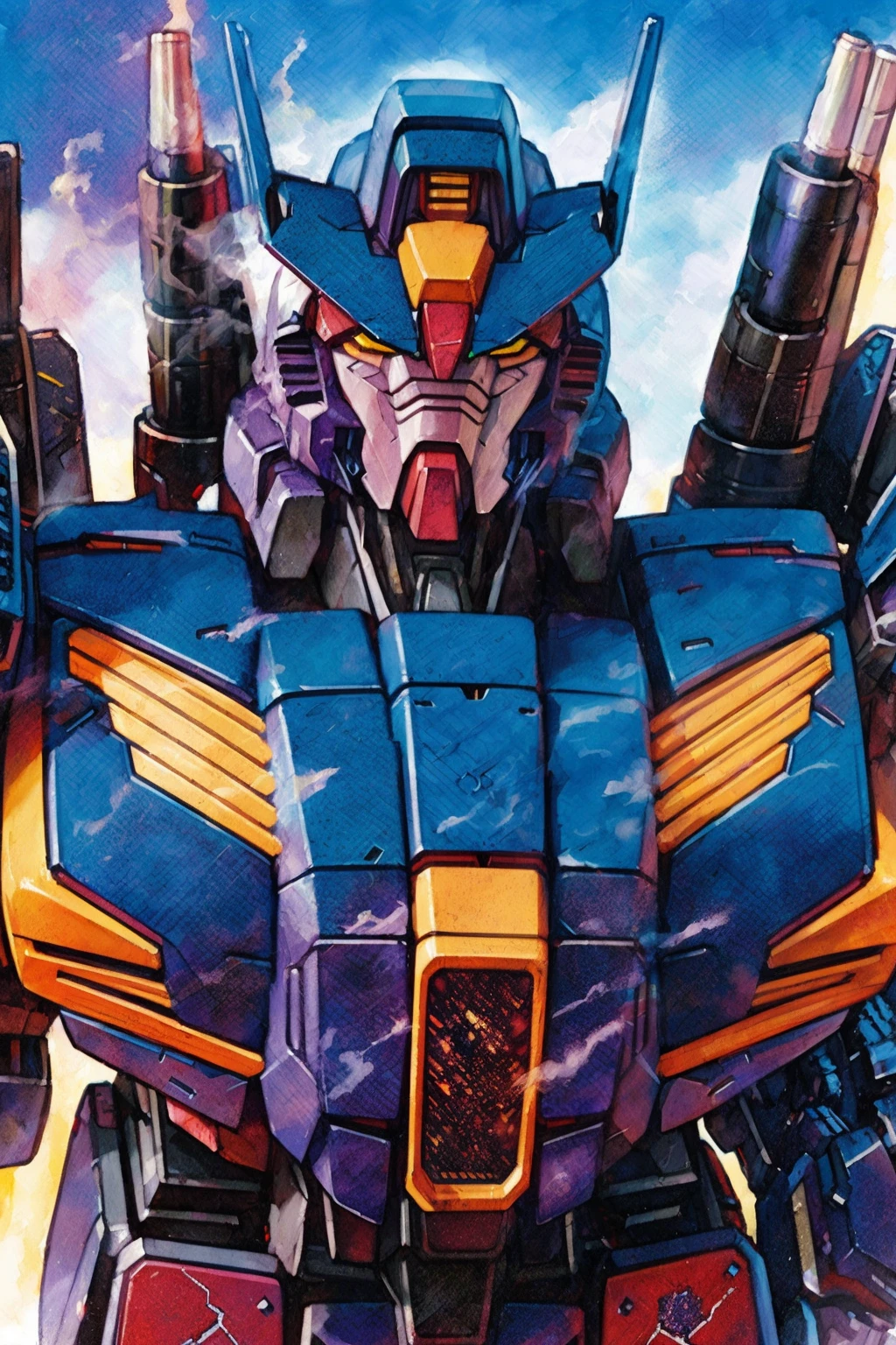 masterpiece, best quality, a Gundam mecha, smoke, glowing eyes, standing, bust, hector trunnec