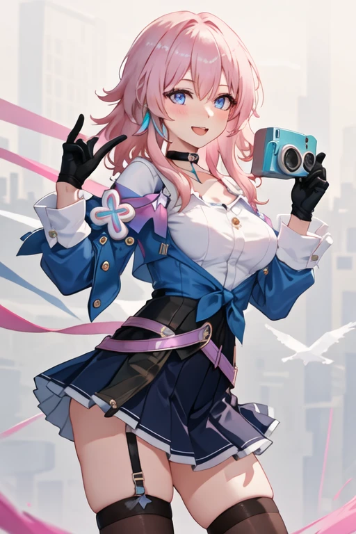 best quality, masterpiece, highres, solo, {march_7th_starrail:1.15}, bangs, pink_hair, smile, blue_eyes, hair_between_eyes, open_mouth, breasts, long_hair, pink_eyes, medium_hair, 1girl, choker, jacket, long_sleeves, looking_at_viewer, one_eye_closed, shirt, white_shirt, blue_jacket, black_choker, skirt, black_gloves, blue_skirt, gloves