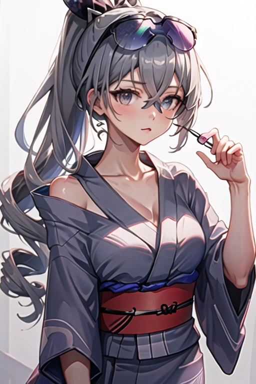 best quality, masterpiece, highres, solo, {yukata:1.40}, {kimono:1.20}, {silver_wolf_starrail:1.15}, grey_hair, long_hair, eyewear_on_head, grey_eyes, ponytail, bangs, sunglasses, hair_between_eyes, drill_hair, breasts, hair_ornament