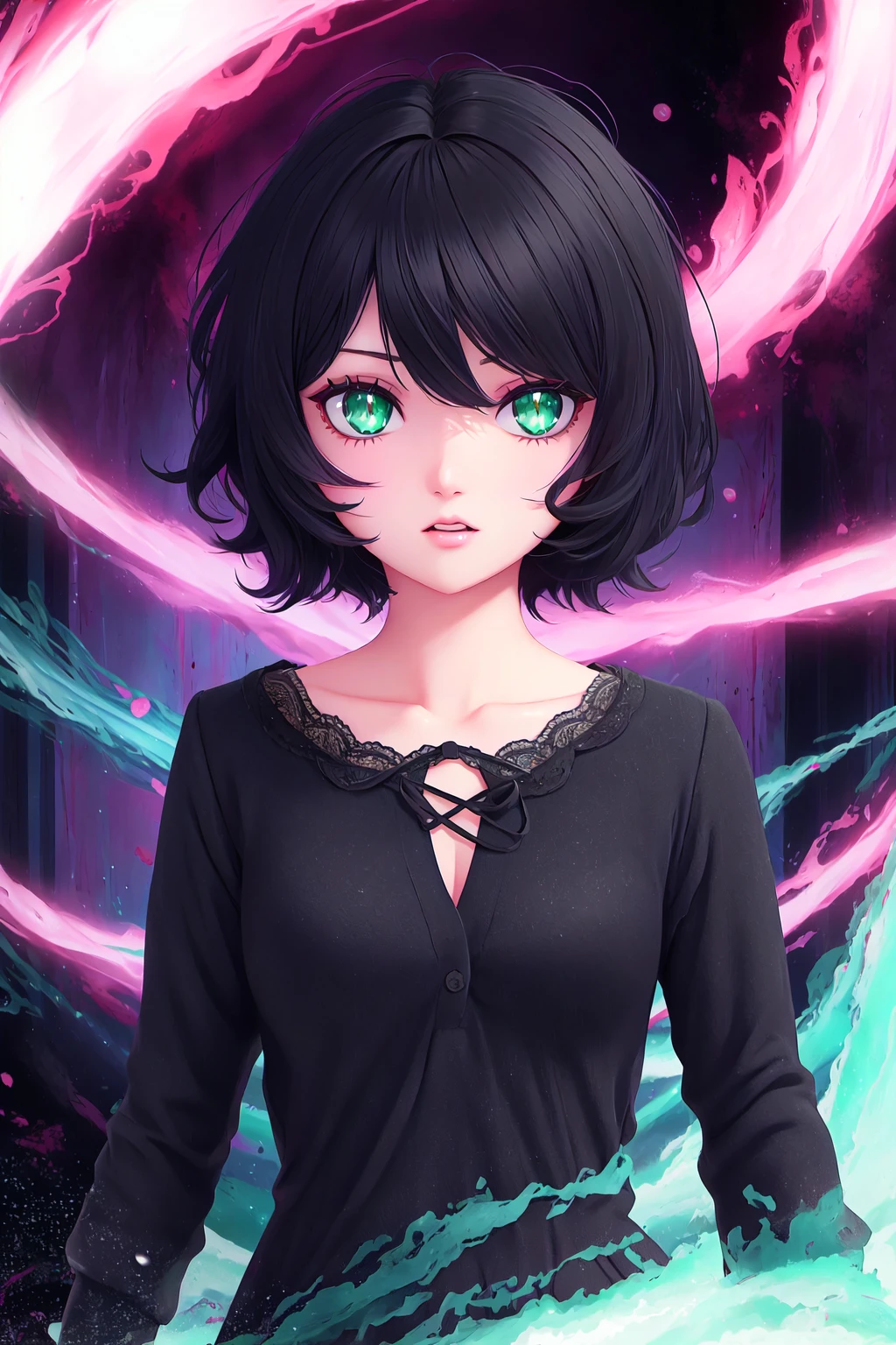 black hair, short hair, green eyes, sparkling eyes, pastel, abstract, particles, horror \(theme\), scary, ribbon, flowing hair, (nightmare), red, black, horrified, facing viewer, upper body, looking at viewer