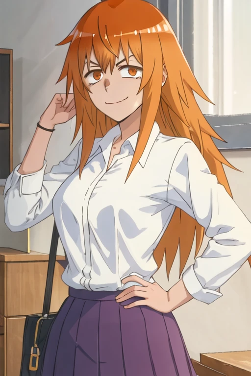best quality, masterpiece, highres, solo, {maki_gamou_donttoywithmemissnagatoro:1.15}, long_hair, orange_hair, brown_eyes, smile, orange_eyes, 1girl, collared_shirt, meme, shirt, white_shirt, closed_mouth, looking_at_viewer, bangs, hair_between_eyes, parody, sanpaku, indoors