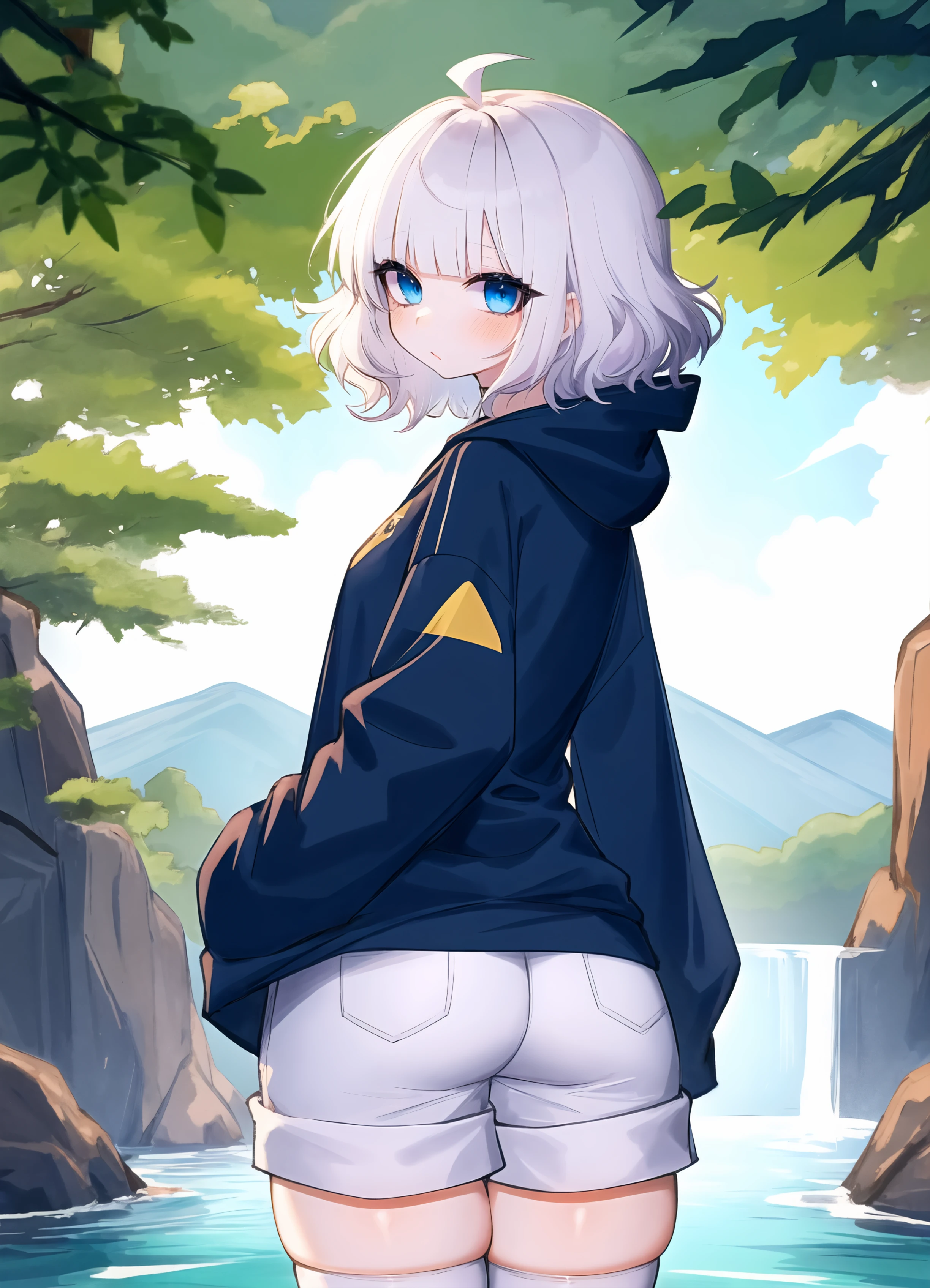 best quality, absurdres,1girl, white hair, silver hair, ahoge, blunt bangs, puffy hair, short hair, messy hair, short, blue eyes, small breasts, flat chest, 1girl solo, ass, standing, cowboy shot, from behind, looking back, looking at viewer, arms at sides, baggy shorts, white striped stockings, simple background, nature, outdoors, mountains, trees, water, waterfall, foliage, (river:0.2), baggy clothes, hoodie, hood down
 <lora:usa37107692-1299it-novae:1>