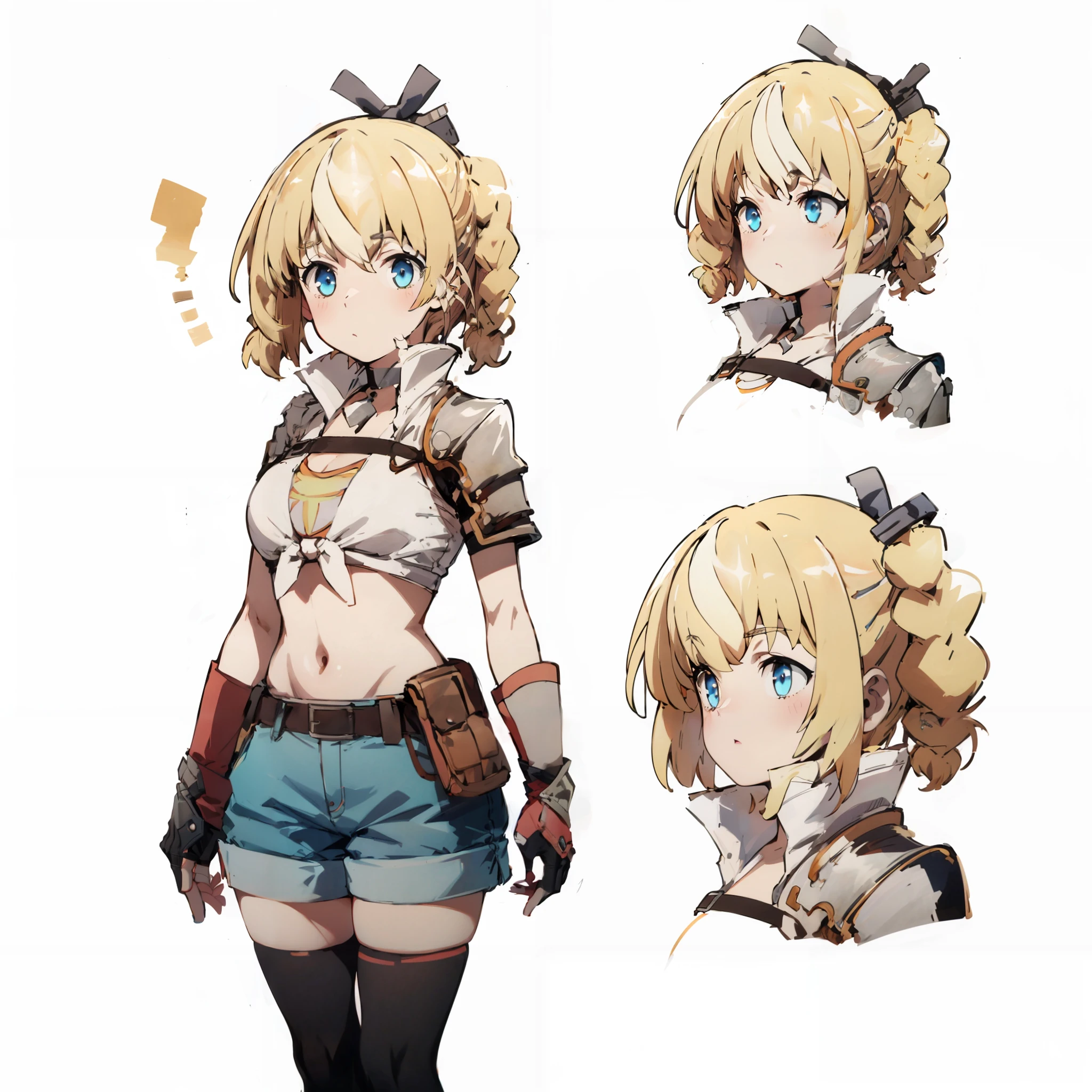 1girl, (masterpiece:1.3), (high resolution), (8K), (extremely detailed), (4k), (pixiv), perfect face, nice eyes and face, (best quality), (super detailed), detailed face and eyes, textured skin, absurdres, highres, <lora:Lammis:1>, lammiswz, blonde hair,short hair, blue eyes, braid,black choker, white shirt, fingerless gloves, red gloves, shoulder armor, side ponytail, blue denim shorts, black thighhighs, simple background, <lora:CharacterDesign_Concept:0.6> (CharacterSheet:1), (multiple views, full body, upper body, reference sheet:1), <lora:more_details:0.5>