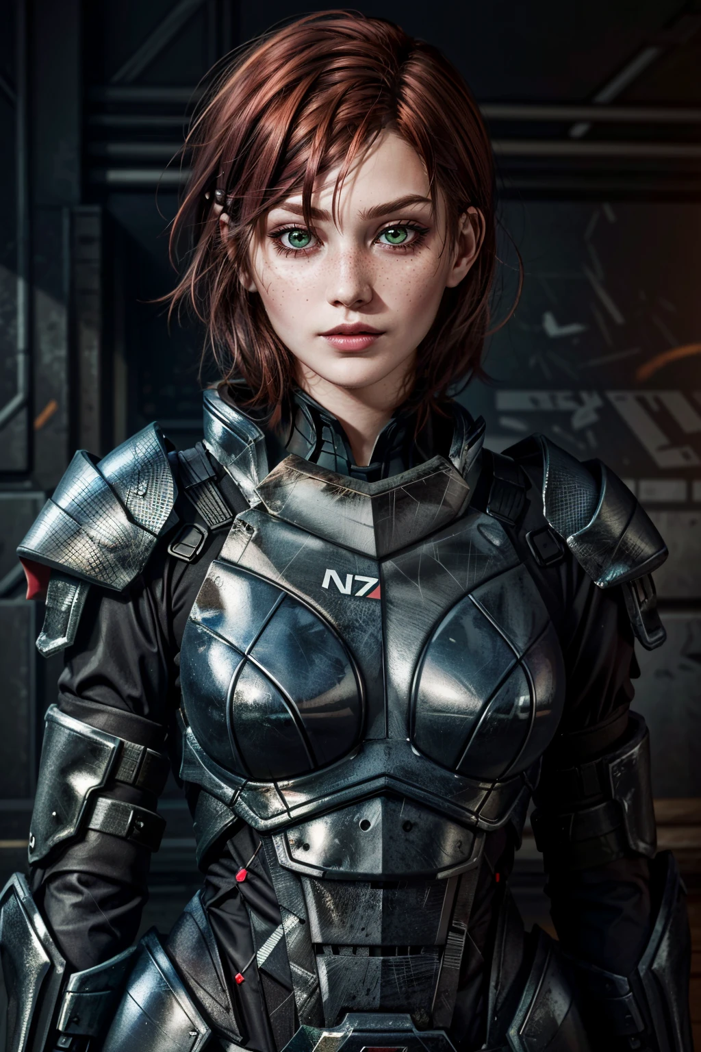(masterpiece, best quality) <lora:epi_noiseoffset2:1>  <lora:add_detail:0.8> <lora:FemShepardME:0.8>
FemShepardME, 1girl, solo, breasts, short hair, green eyes, upper body, red hair, armor, lips, bodysuit, makeup, lipstick, freckles, realistic