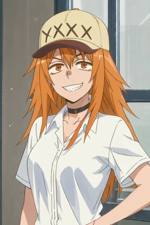 best quality, masterpiece, highres, solo, {maki_gamou_donttoywithmemissnagatoro:1.15}, long_hair, orange_hair, brown_eyes, smile, orange_eyes, 1girl, choker, hat, shirt, striped, baseball_cap, brown_hair, striped_shirt, grin
