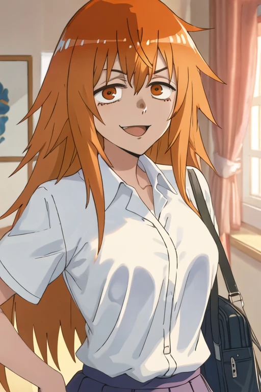 best quality, masterpiece, highres, solo, {maki_gamou_donttoywithmemissnagatoro:1.15}, long_hair, orange_hair, brown_eyes, smile, orange_eyes, 1girl, collared_shirt, indoors, shirt, white_shirt, hair_between_eyes, looking_at_viewer, sanpaku, upper_body, bags_under_eyes, bangs, open_mouth, parody