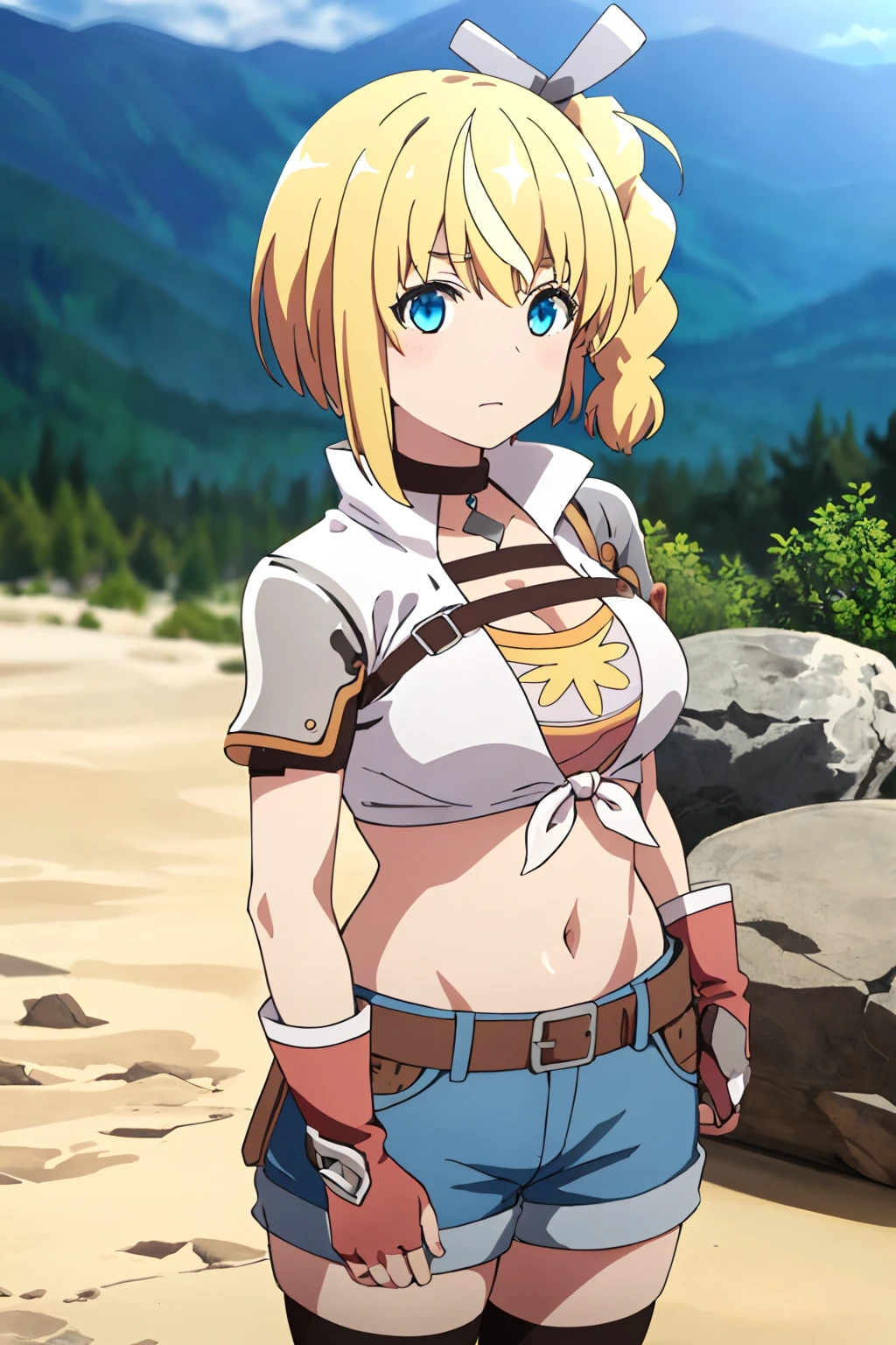 1girl, (masterpiece:1.3), (high resolution), (8K), (extremely detailed), (4k), (pixiv), perfect face, nice eyes and face, (best quality), (super detailed), detailed face and eyes, (solo), textured skin, absurdres, highres, <lora:Lammis:0.7>, lammiswz, blonde hair,short hair, blue eyes, braid,black choker, white shirt, fingerless gloves, red gloves, shoulder armor, side ponytail, blue denim shorts, black thighhighs, looking at viewer, mountain, rocks, desert, earth \(ornament\), sand, standing, cowboy shot,