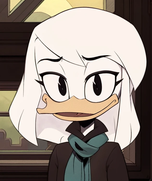 <lora:Della Duck v5:1> (by ducktales)  (by kyurisawa:1.2) (by chelodoy:1) (by ashraely:1) (anthro duck) (white hands:1.1) (headshot portrait:1.1) (della duck:1.2) (beak) (white hair) (black eyes) (happy) (clothed, clothing:1.3) (teal scarf) (brown_flight_jacket) (collar) (white skin:1.2) (solo:1.1) (mansion, window) ( morning:1.3)