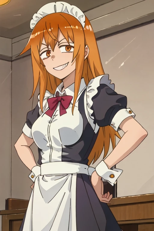best quality, masterpiece, highres, solo, {maid:1.40}, {long maid dress:1.15}, {maki_gamou_donttoywithmemissnagatoro:1.15}, long_hair, orange_hair, brown_eyes, smile, orange_eyes