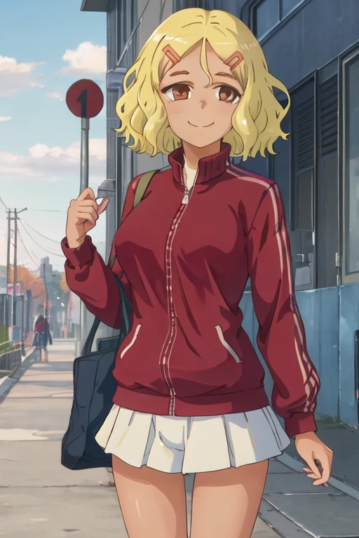 best quality, masterpiece, highres, solo, {sakura_donttoywithmemissnagatoro:1.15}, blonde_hair, hair_ornament, hairclip, short_hair, brown_eyes, smile, dark_skin, closed_mouth, 2girls, jacket, multiple_girls, track_jacket, long_hair, red_jacket, solo_focus, track_suit, dark-skinned_female, outdoors